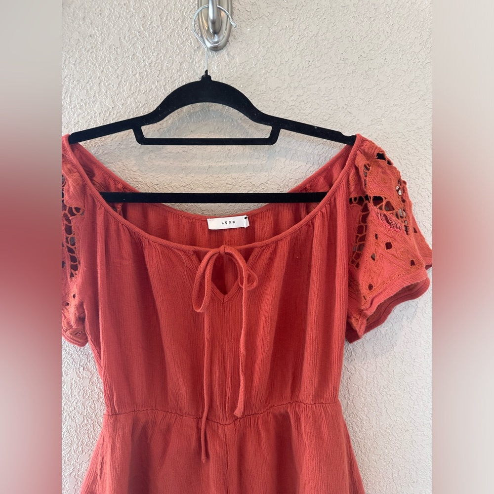 Lush Boutique Burnt Orange Bohemian Romper Crochet Lace Size Small - Picture 5 of 9